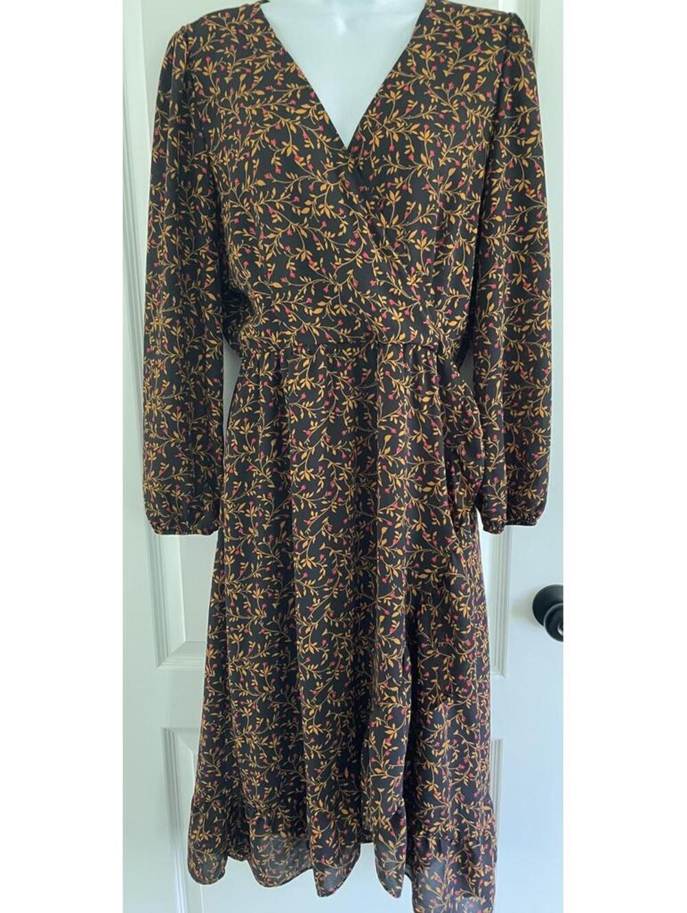 Black Floral Print Long Sleeve Midi Dress